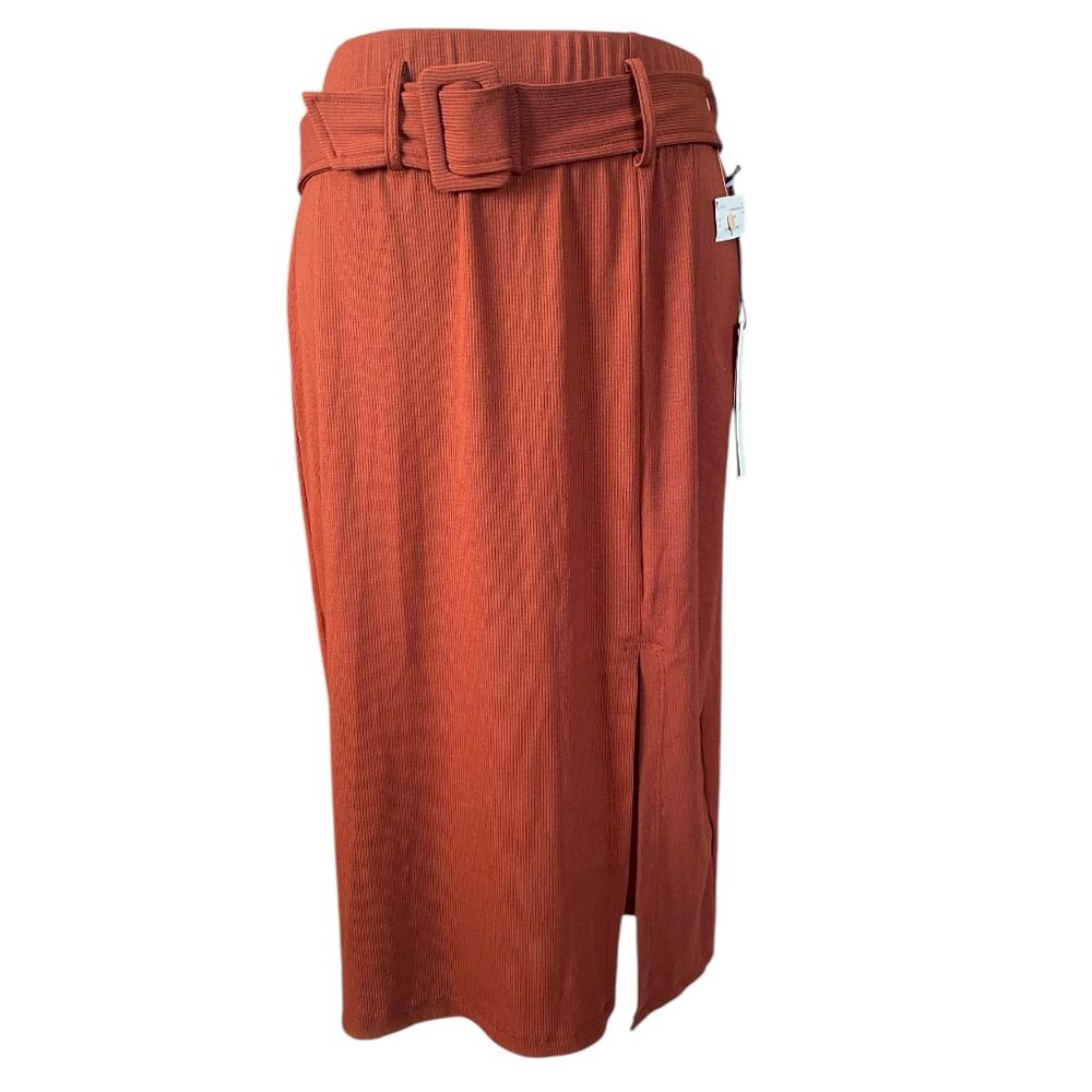 June & Hudson womens size M rust stretchy midi pencil skirt fabric belt side zip